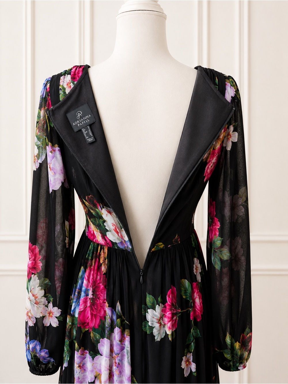 Designer Adrianna Papell Black Floral Maxi Dress Long Sleeve Surplice Gown NWOT - Picture 5 of 6